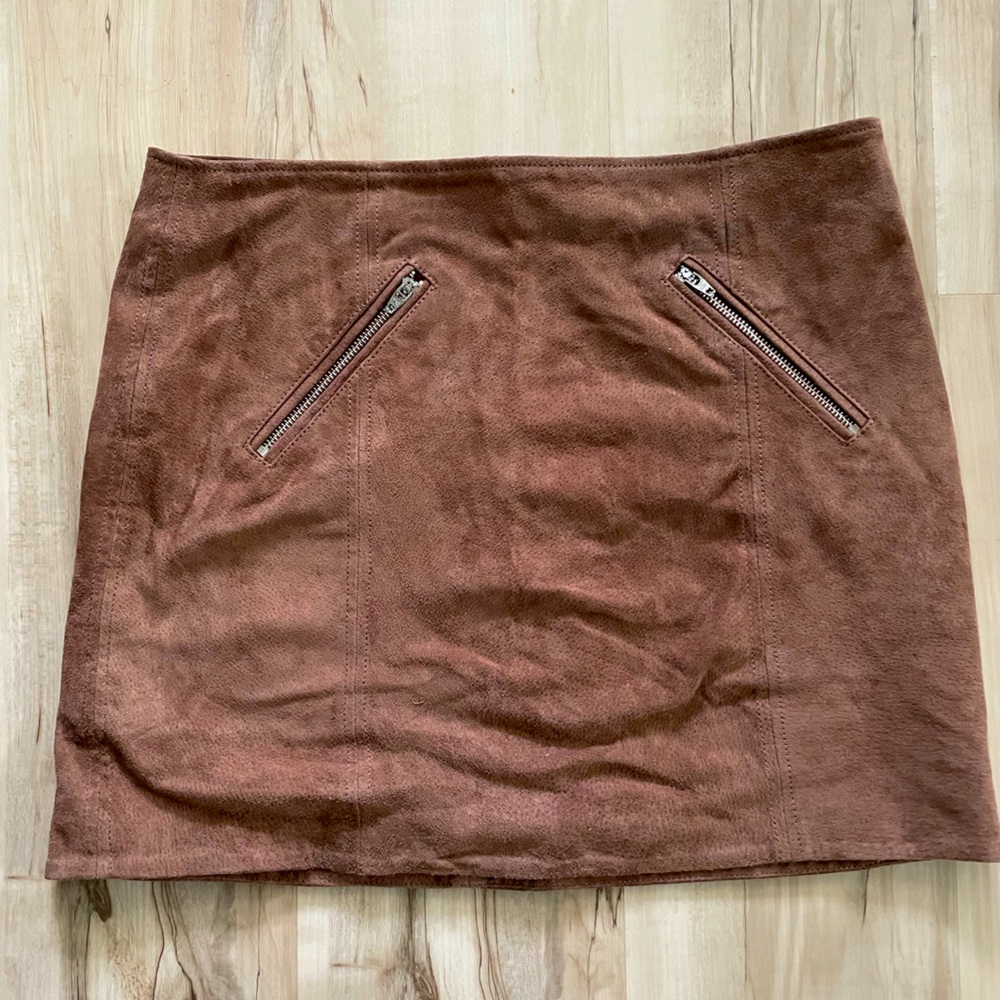 Cognac Genuine Leather Suede Ultra Mini Skirt L